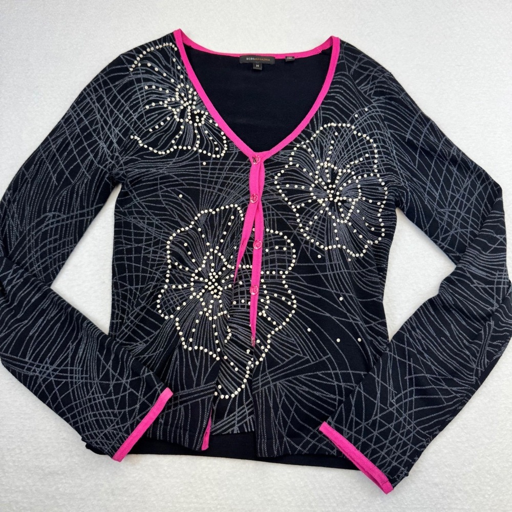 BCBGMAXAZRIA Cardigan Women M Black Pink Silk Blend Beaded‎ Spiderweb Excellent